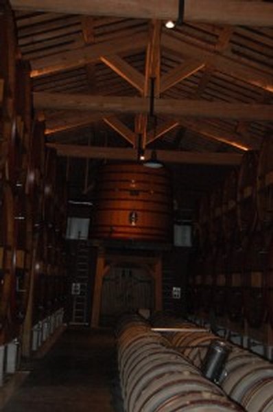 Cavern of rows of unlabelled wine barrels
