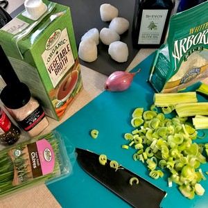 Cooking the Leek Risotto, chopping the leeks